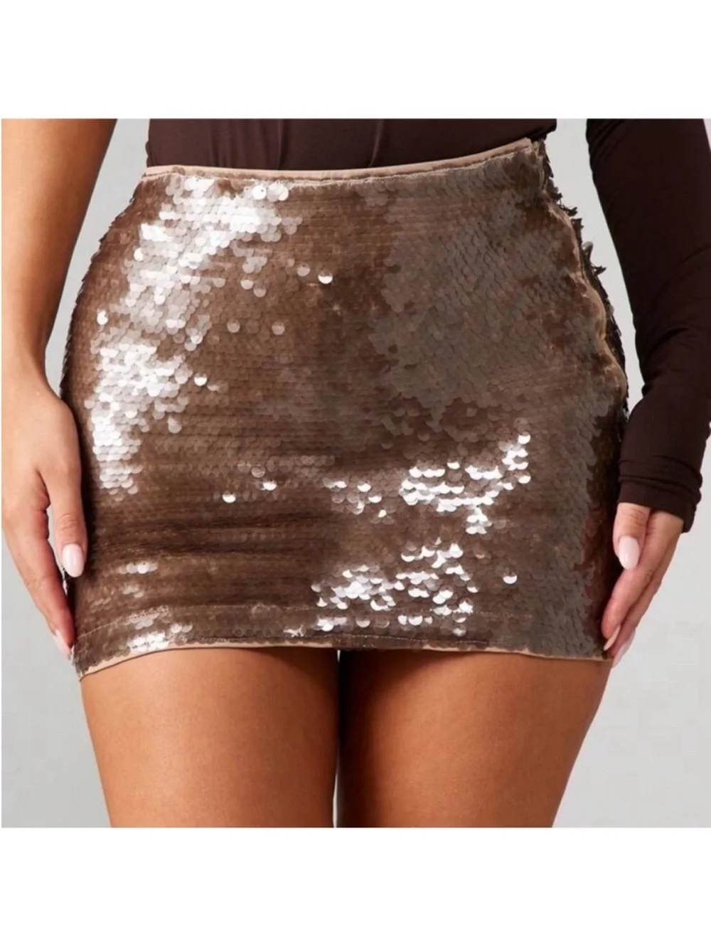 One-Shoulder Brown Sequin Mini Skirt